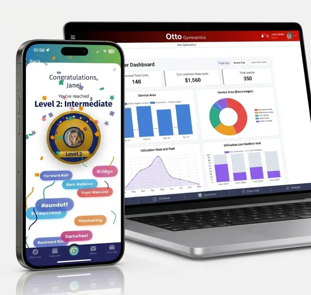 Gymnastics software desktop and mobile dashboard mockups
